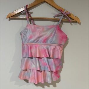 Justice Girls Ruffle Swimsuit Top Size 10 Pink Blue Tie Dye